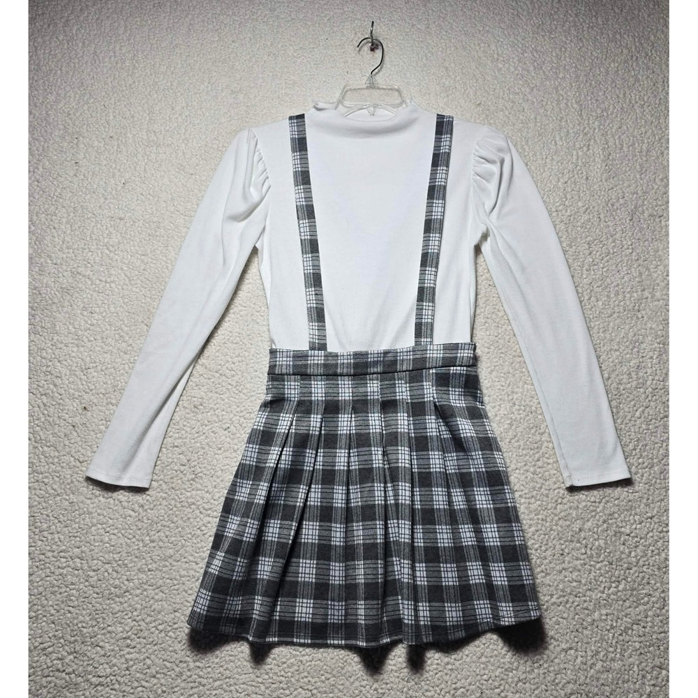 Love & Piece Collective White Ribbed Top & Plaid Pinafore Skirt Set Large